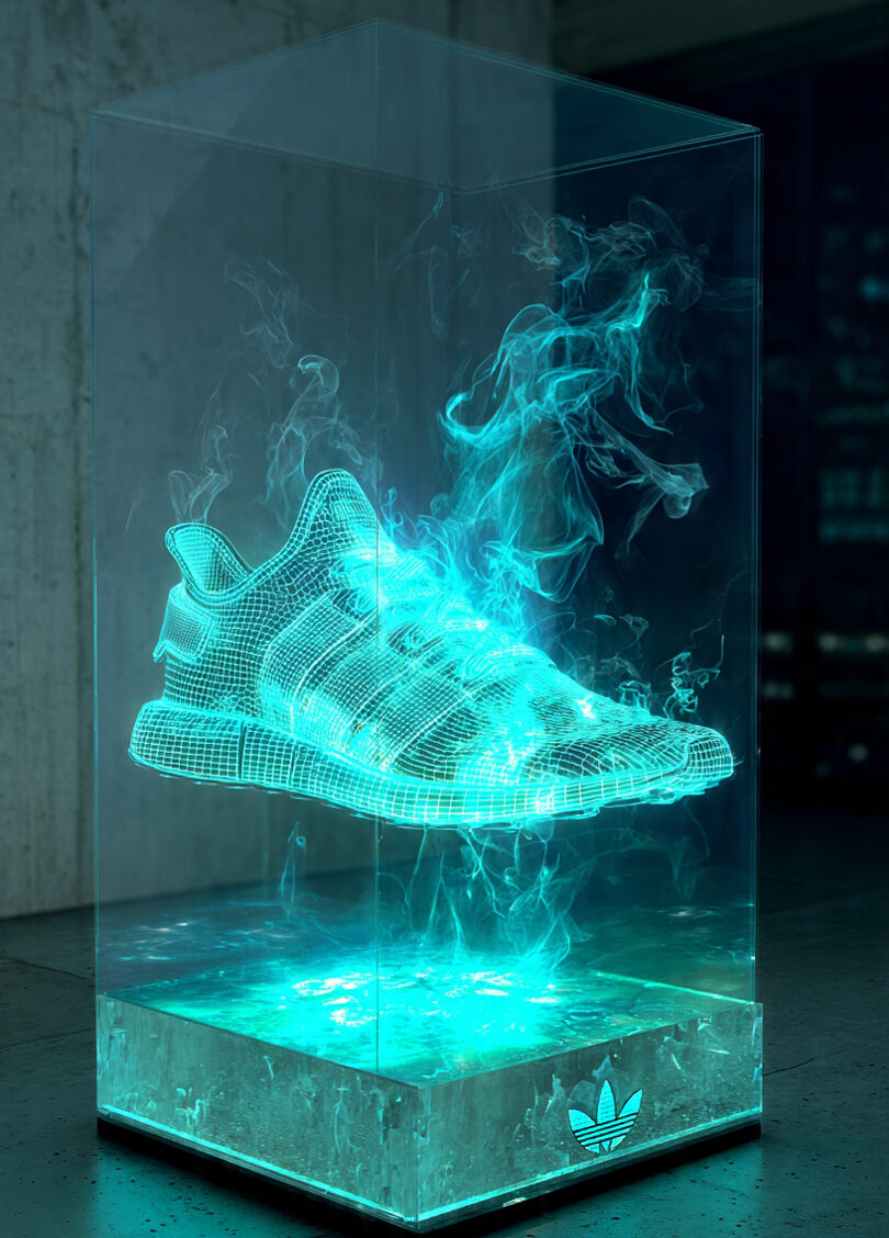 holograma flotante de un zapato adidas realista